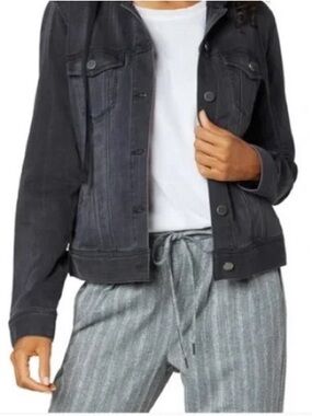 Liverpool Briarcliff Jean Jacket Size L Hooded Stretch Denim Pockets Distressed
